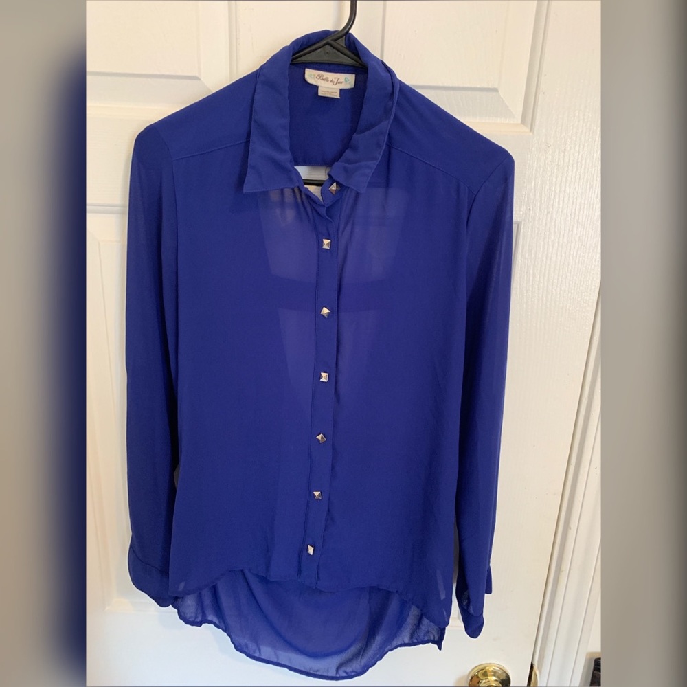 Blue open back sheer button up shirt